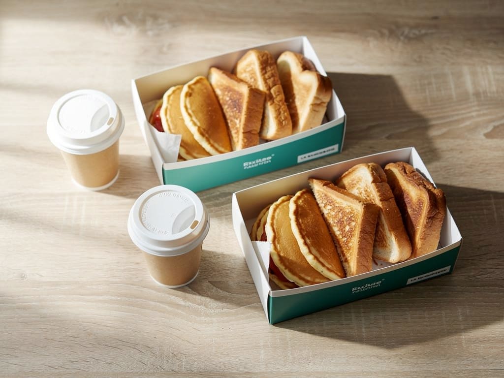 Box colazione da asporto con pancake, toast e caffè