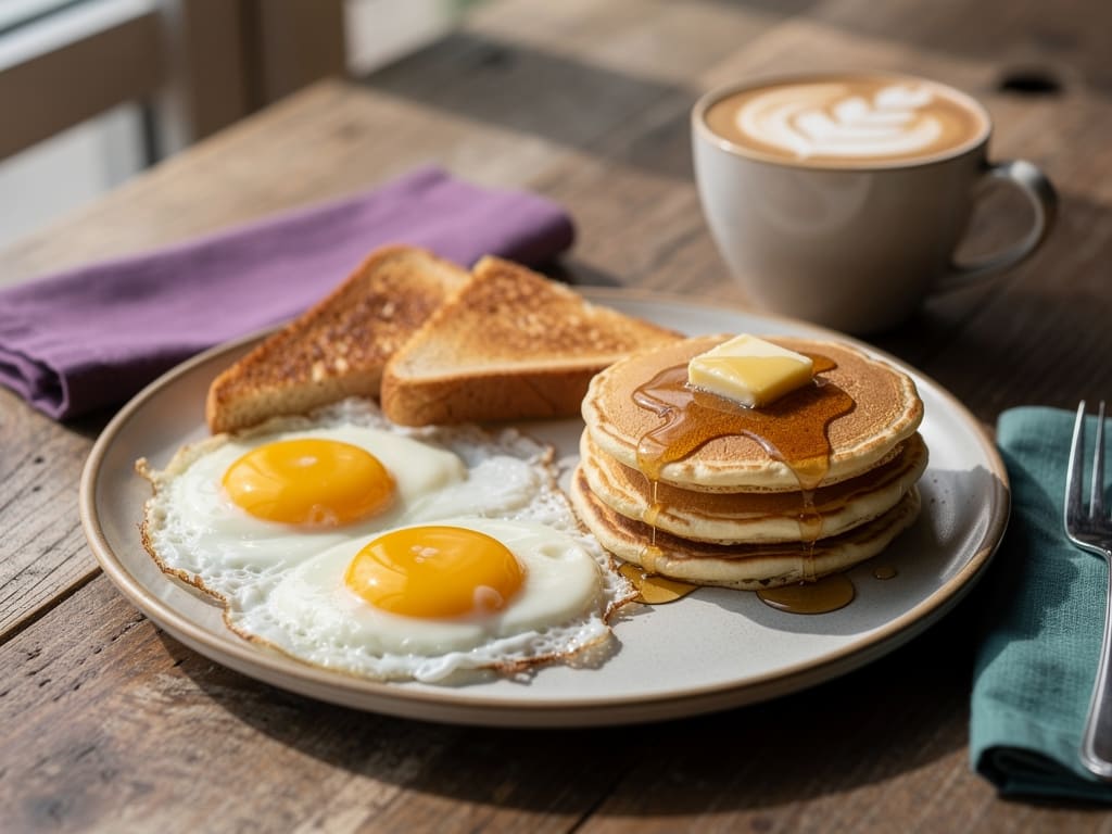 Tavolo di caffetteria con brunch, pancake e cappuccino